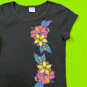 medium Y2K 90s crazy shirts colorful Black Hawaiian flower graphic tee‎